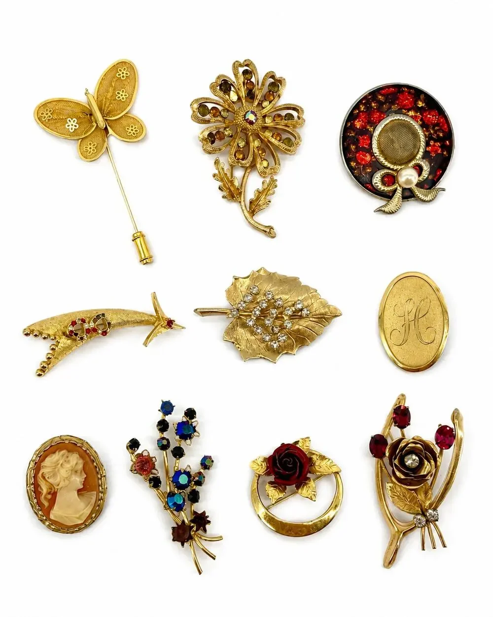 Vintage Brooch Lot 10 Rhinestone Floral Cameo Butterfly Gold Costume Jewelry